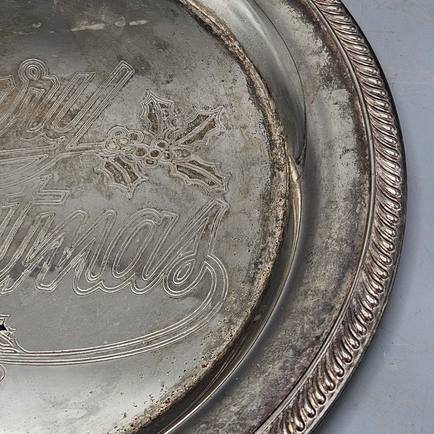 Vintage Silver Plate Round "Merry Christmas" Serving Tray
