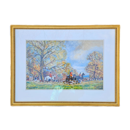Vintage Watercolor on Paper of Fox Hunting Hunt Scene Signed DAB