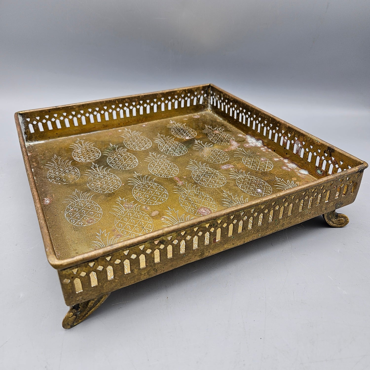 Vintage Brass Square Tray Etched with Pineapples – ShopSBH