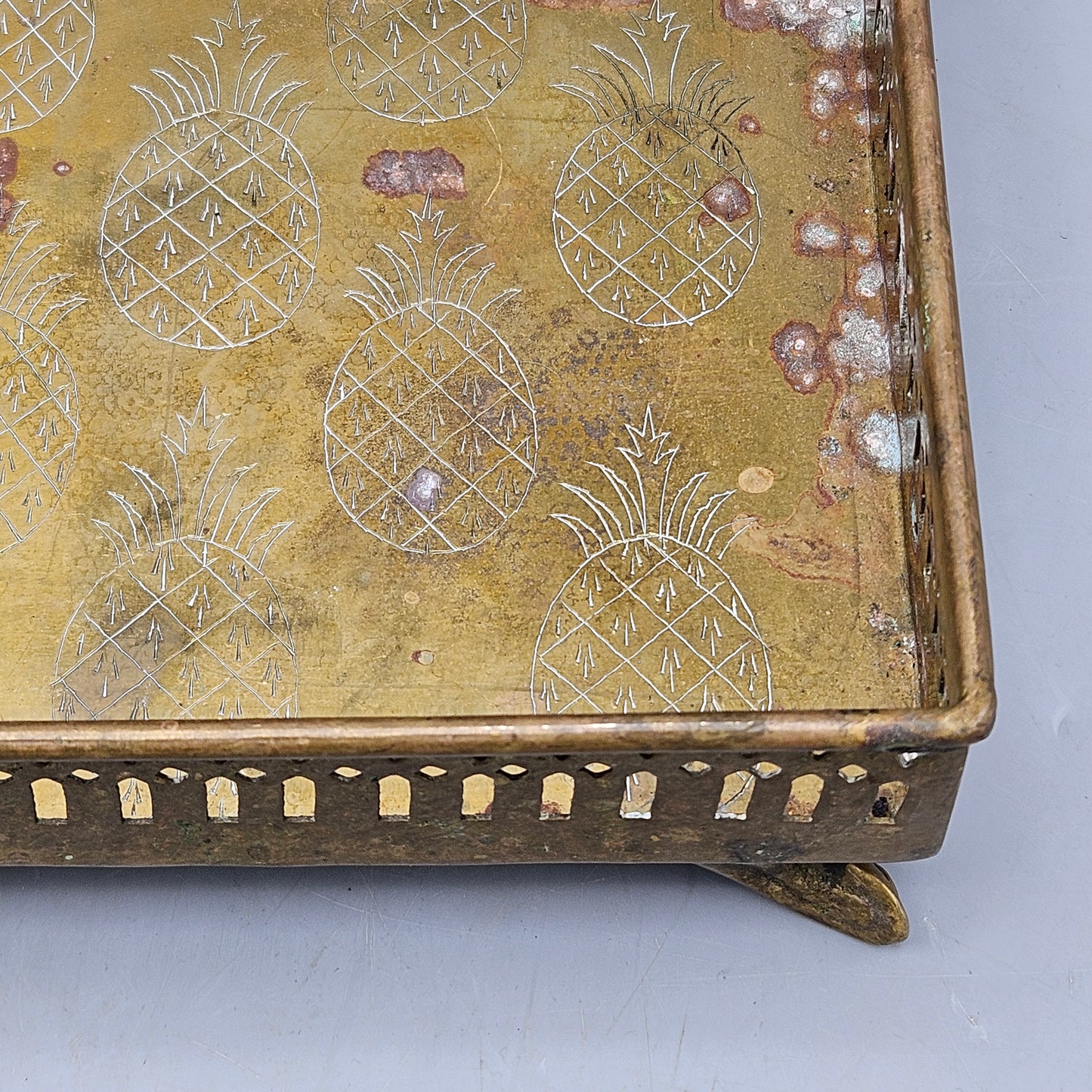 Vintage Brass Square Tray Etched with Pineapples