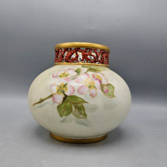 Vintage Porcelain Hand Painted Jean Pouyat Limoges Vase with Reticulated Top