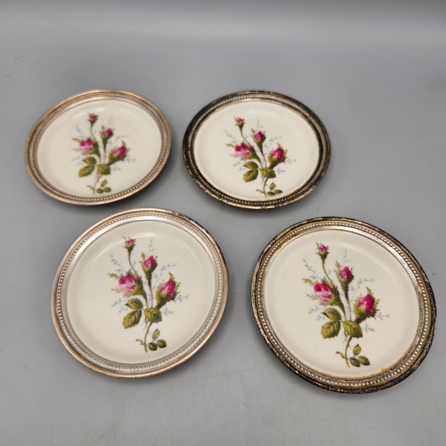 Set of 4 Vintage Rosenthal Moss Rose Porcelain Sterling Silver Rim Coasters