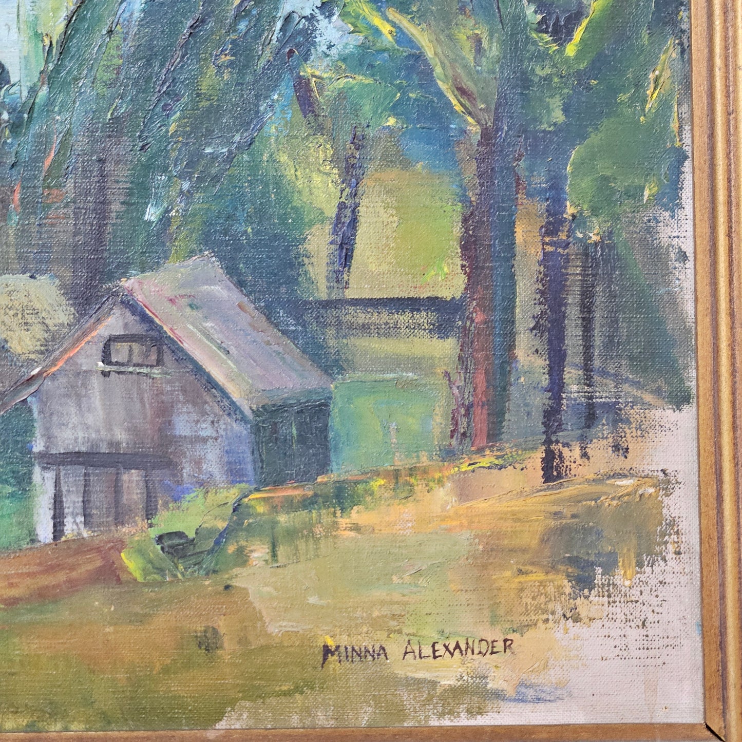 Vintage Signed Minna Alexander Expressionist Oil Painting of Houses by The Bay