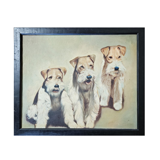 Vintage Oil on Canvas Painting of 3 Terrier Dogs in Black Frame