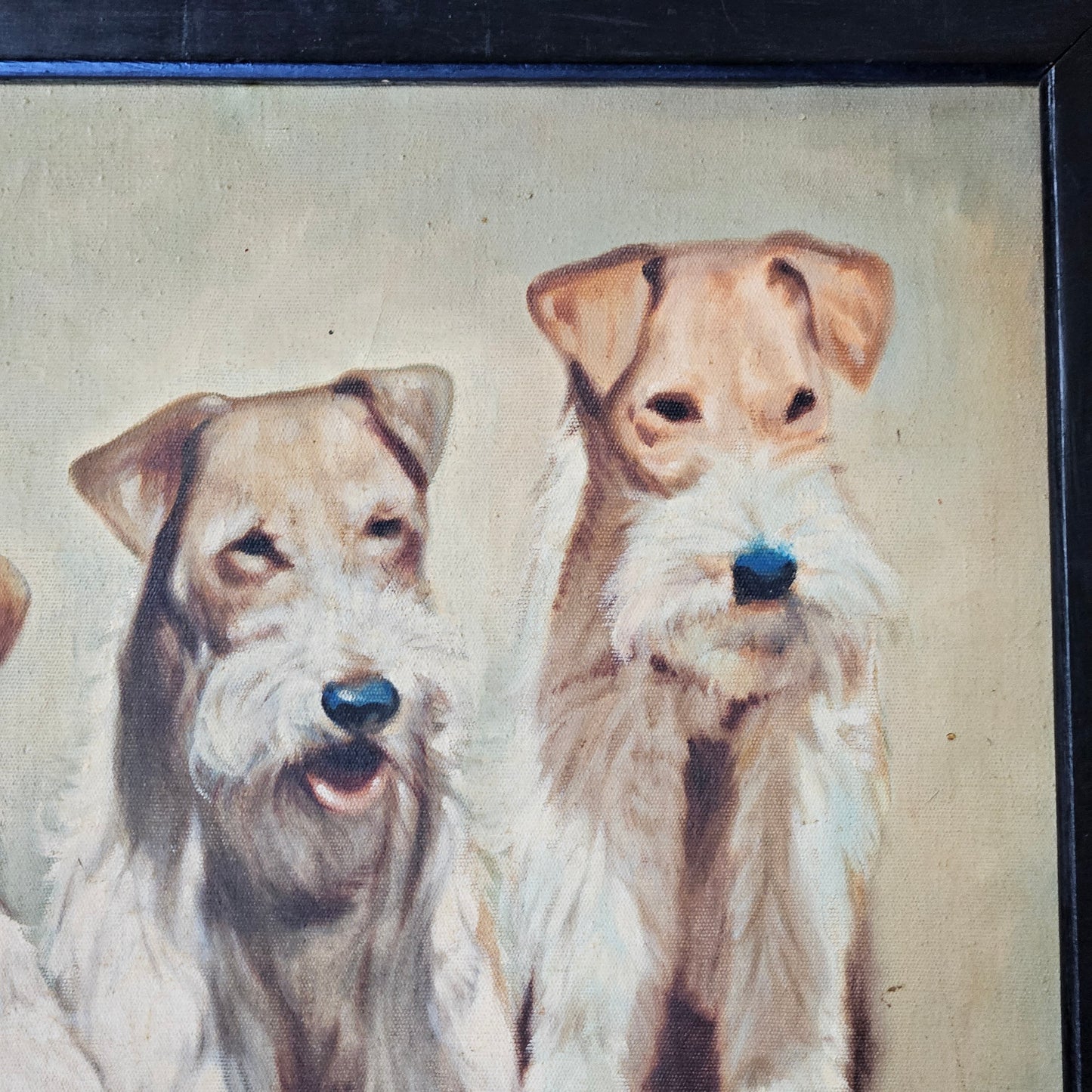 Vintage Oil on Canvas Painting of 3 Terrier Dogs in Black Frame