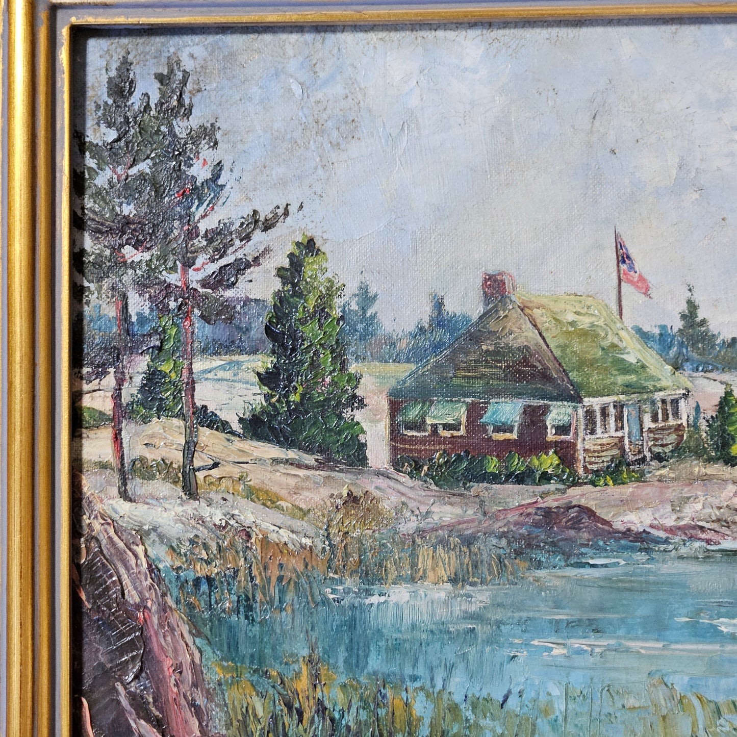 Antique Painting on Board of Maine Cabin with American Flag