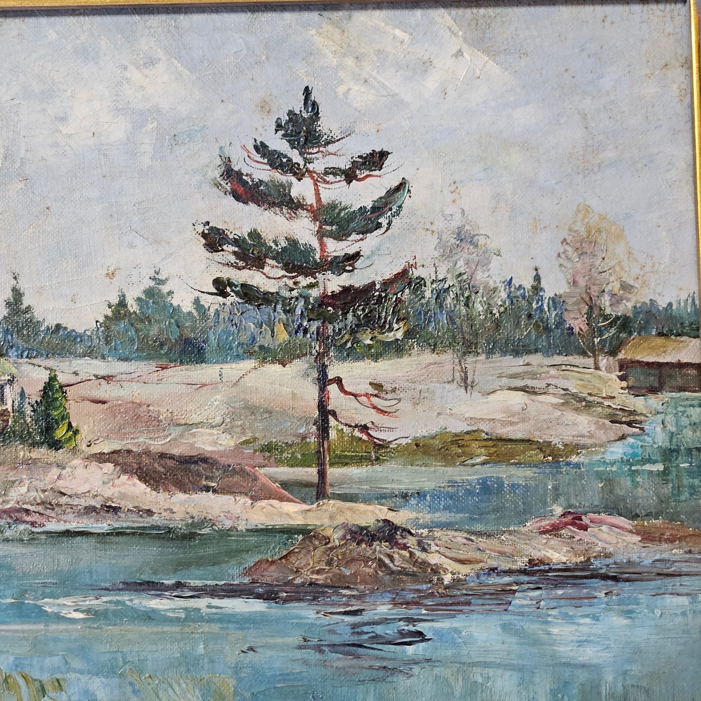 Antique Painting on Board of Maine Cabin with American Flag