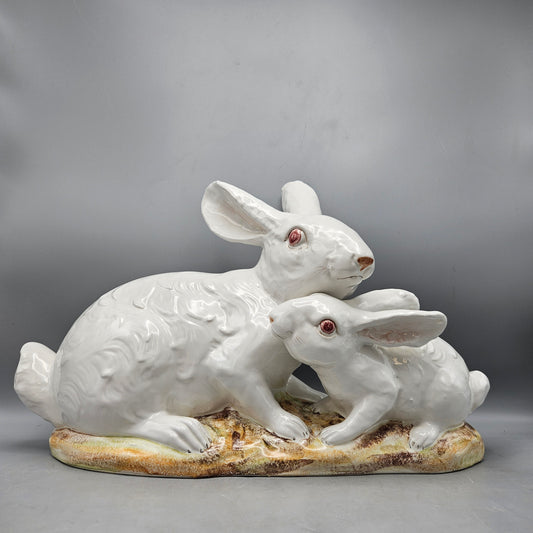 Beautiful Italian Mama & Baby Bunny Ceramic Sculpture