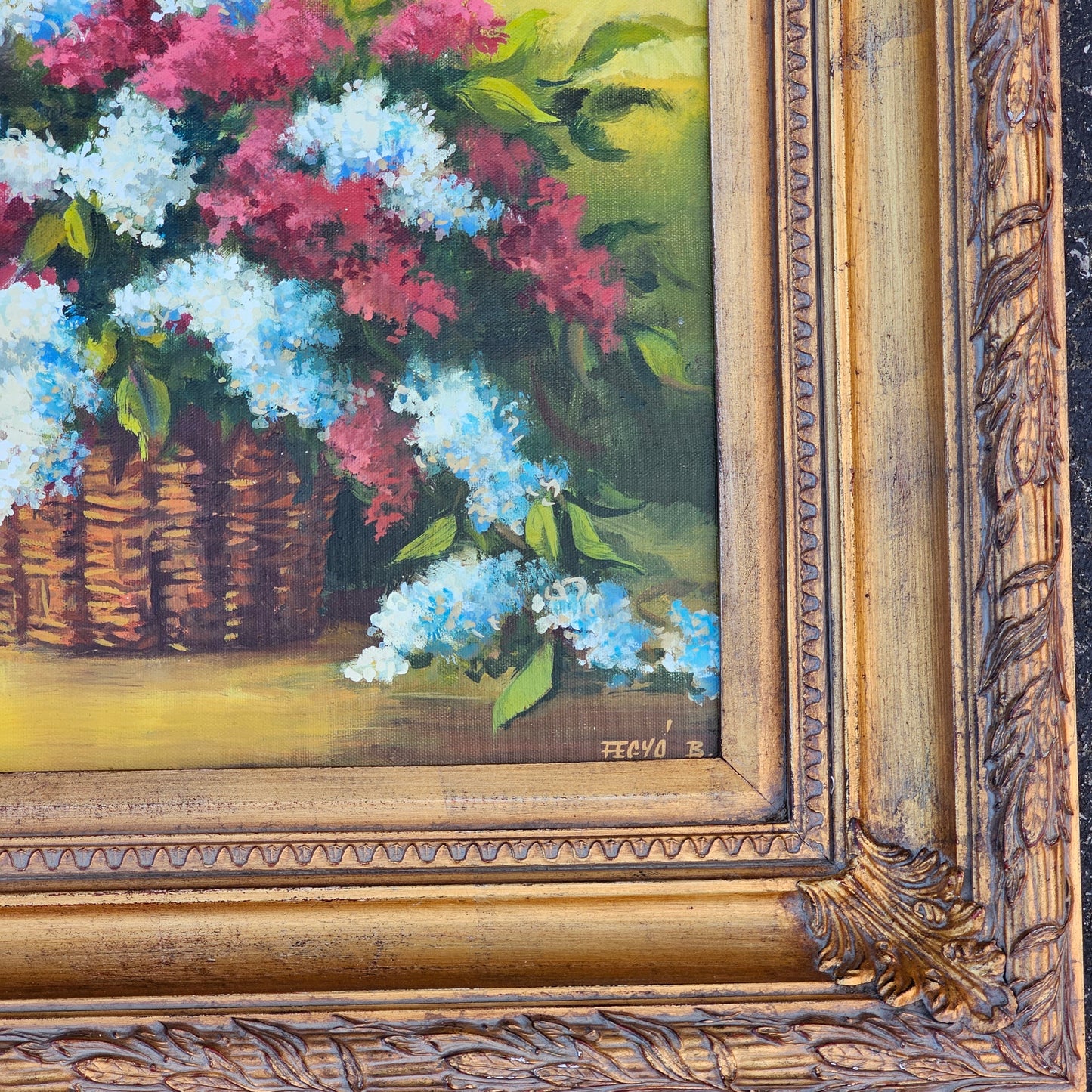 Contemporary Decorator Painting on Canvas of a Basket of Lillacs in a Beautiful Gilt Wood Frame