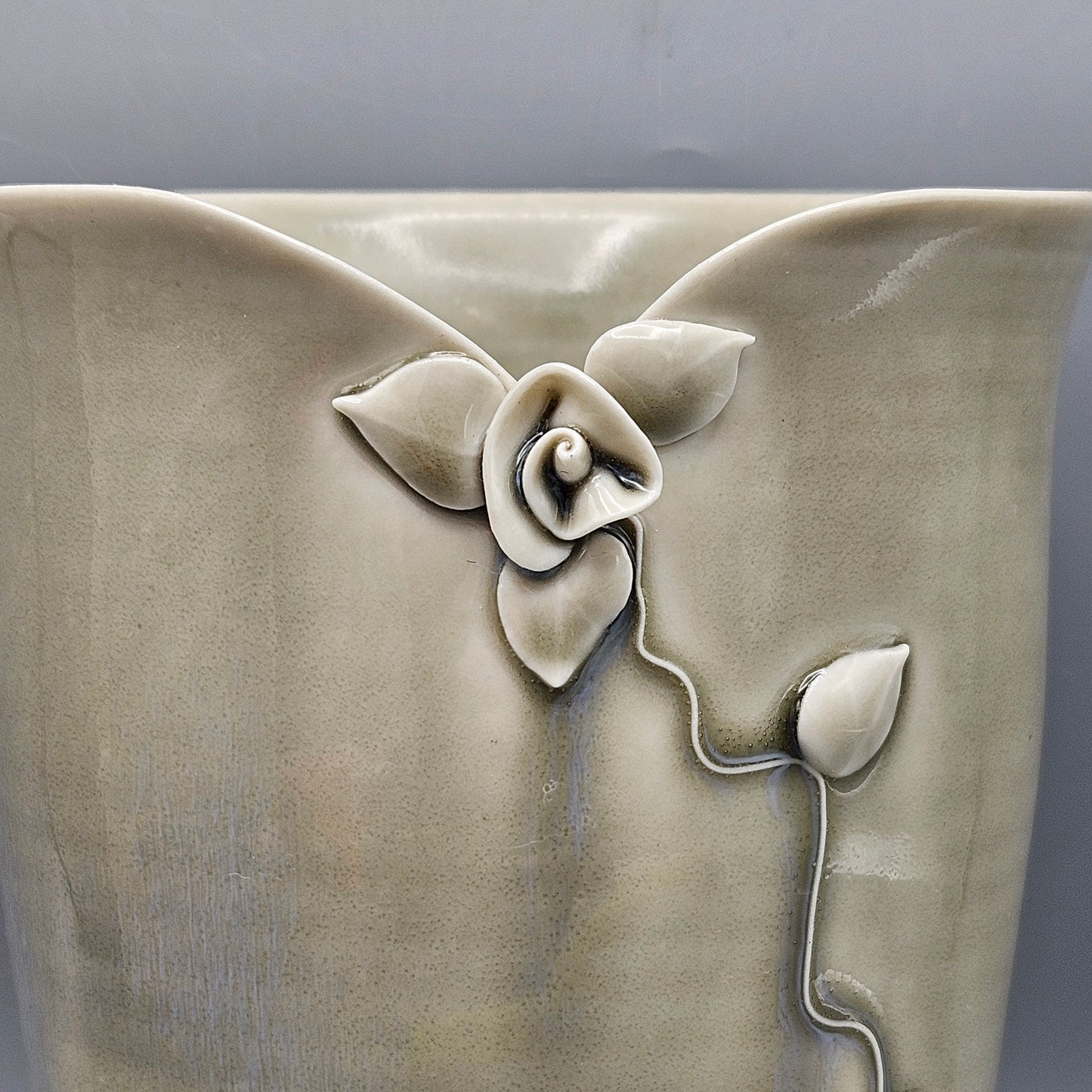 Signed Sage Green Art Pottery Vase with Floral Design