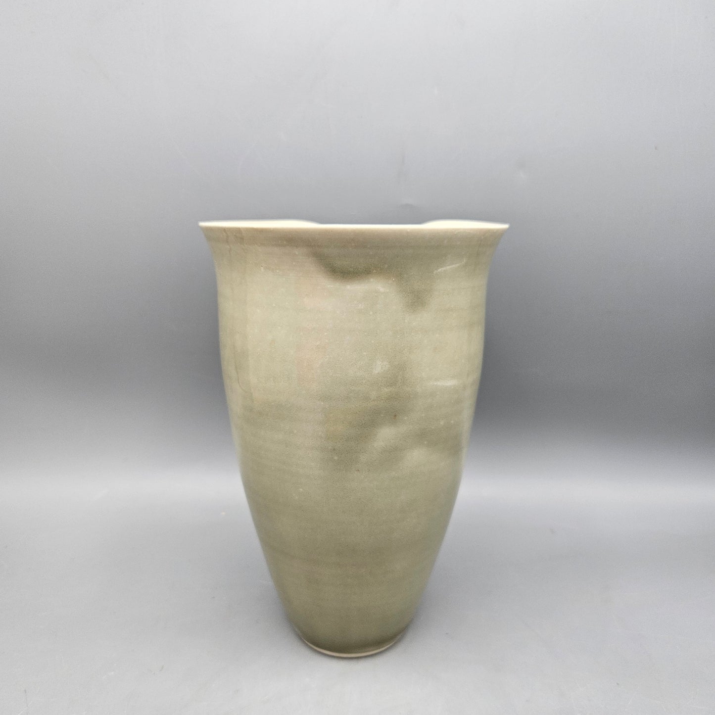 Signed Sage Green Art Pottery Vase with Floral Design