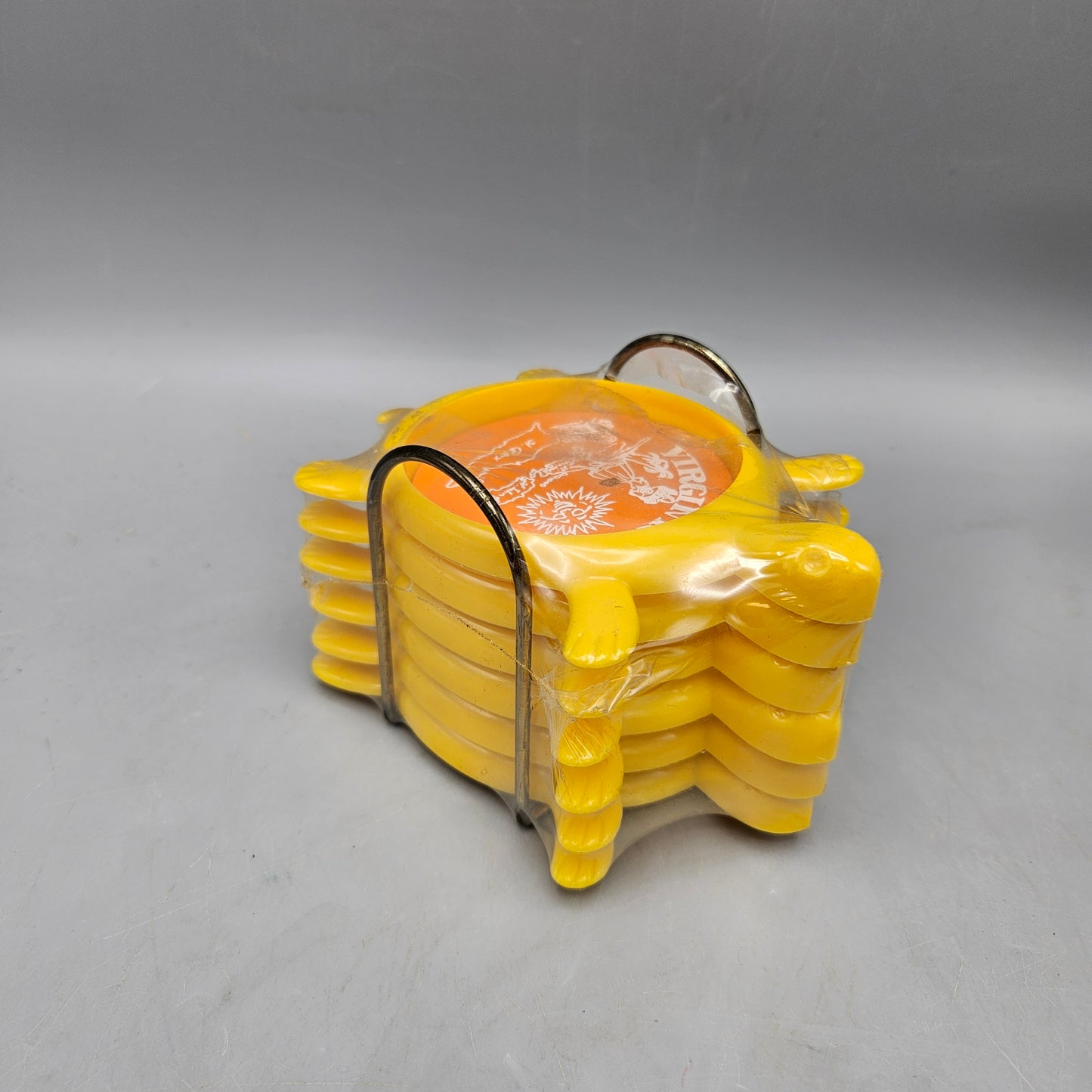 6 Vintage 1970's Plastic Turtles Virgin Islands Coasters Orange & Yellow with Holder