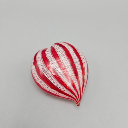 Murano La Fenice Art Glass Red & White Latticino Heart Shaped Paperweight