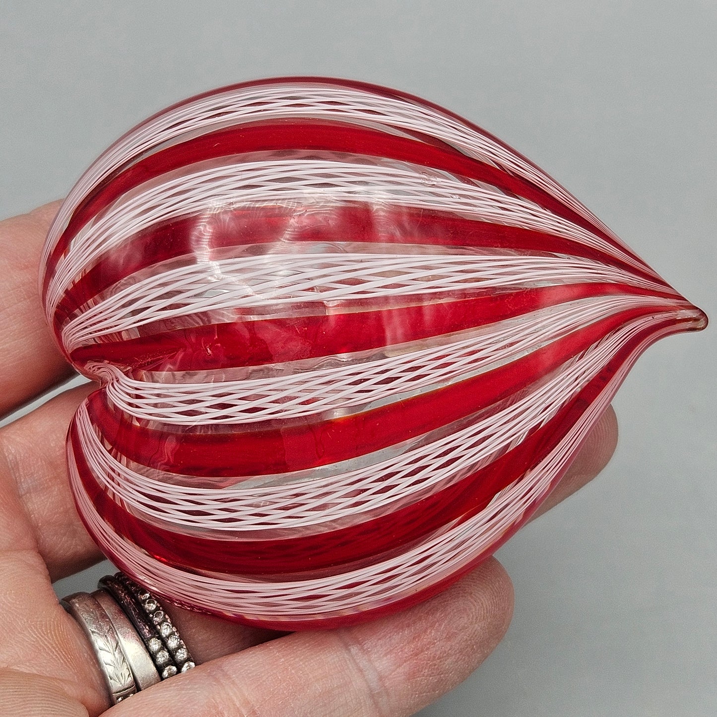 Murano La Fenice Art Glass Red & White Latticino Heart Shaped Paperweight
