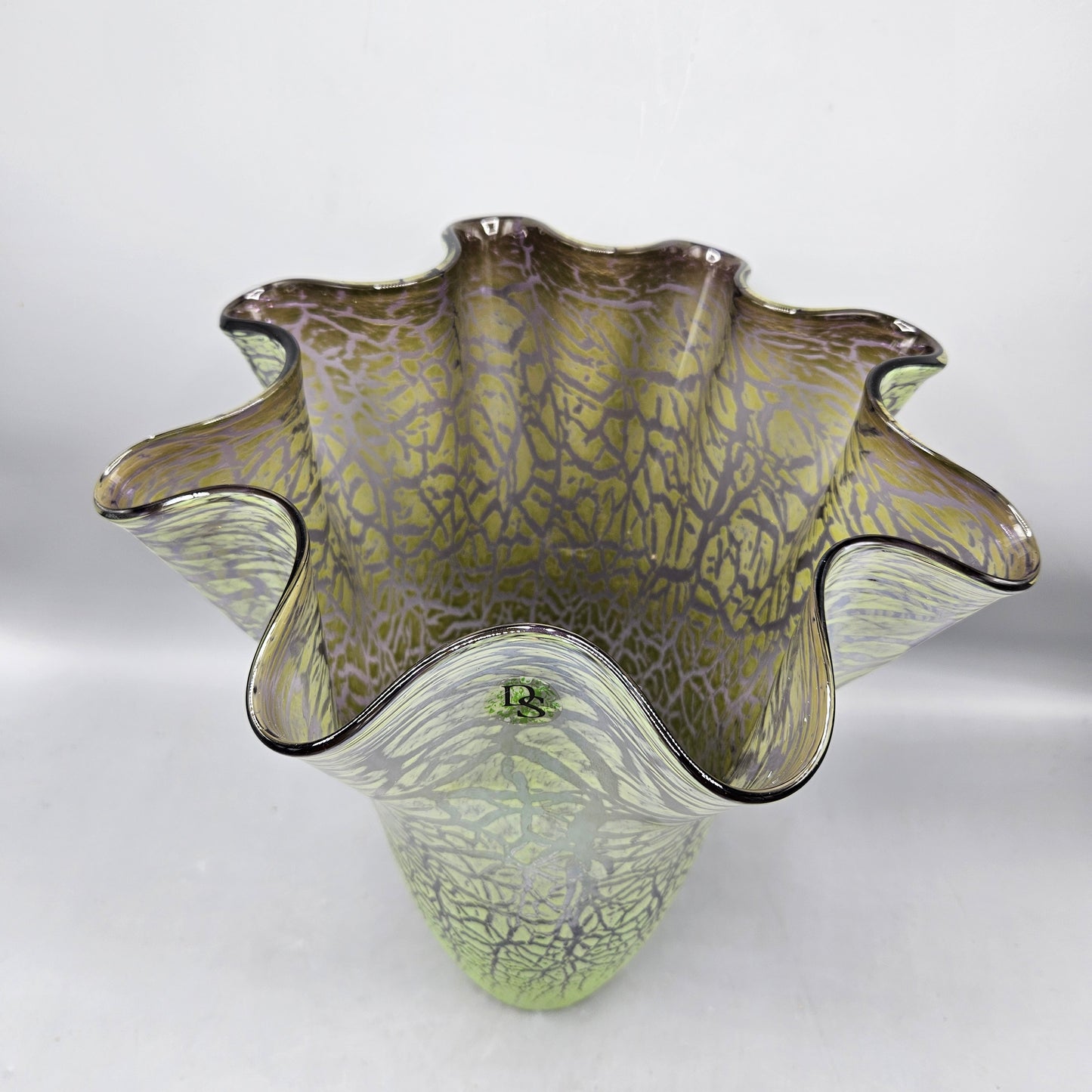 Large DS Studios Glass Green Crackle Art Vase with Ruffled Rim