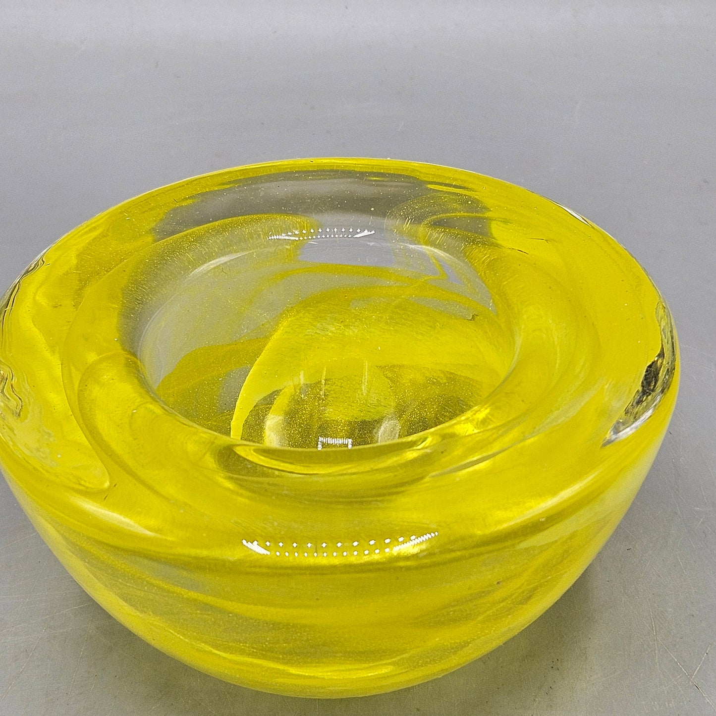 Vintage Kosta Boda Art Glass Sweden Atoll Yellow Swirl Votive Candle Holder