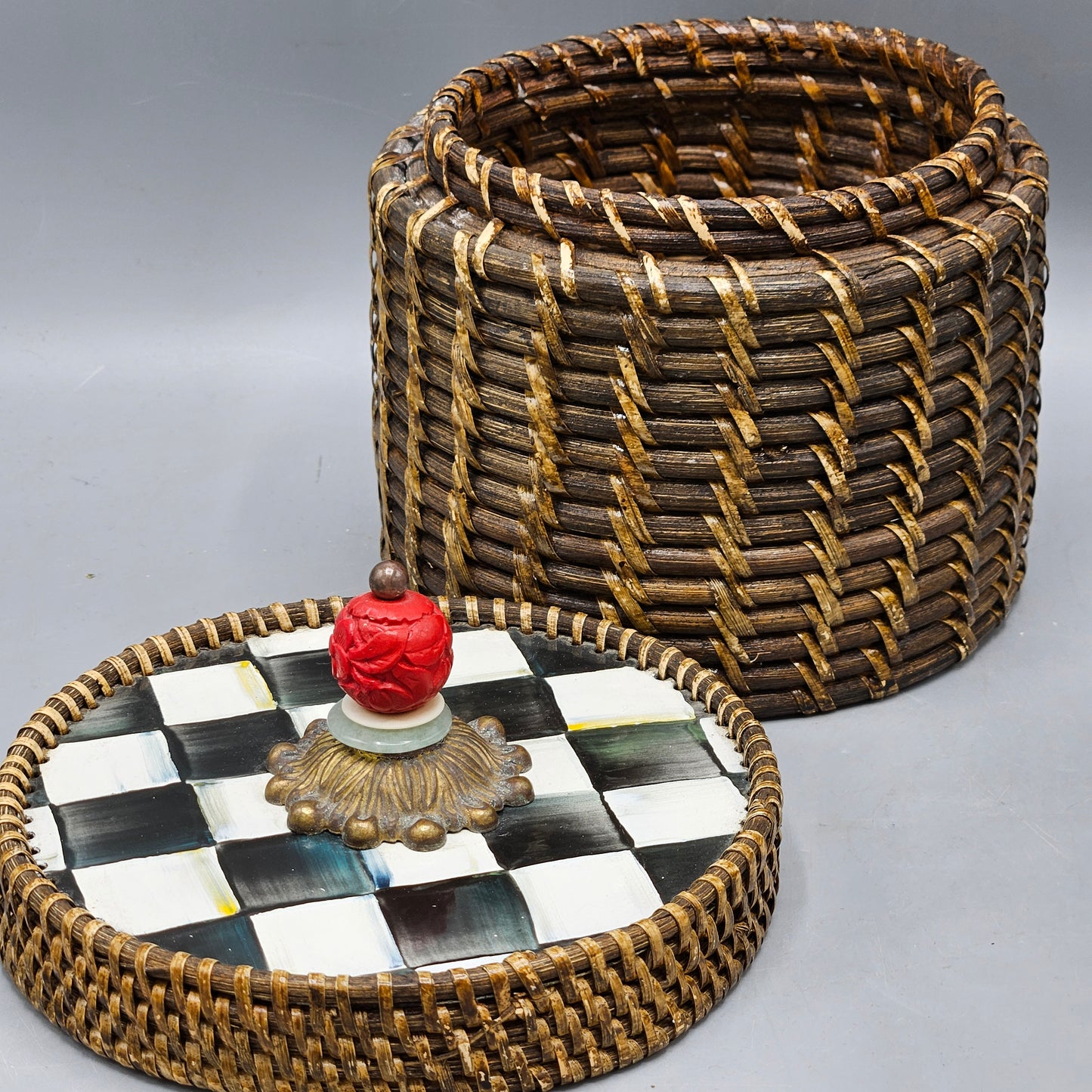 Set of 2 MacKenzie Childs Courtly Check Enamel/Rattan Canisters