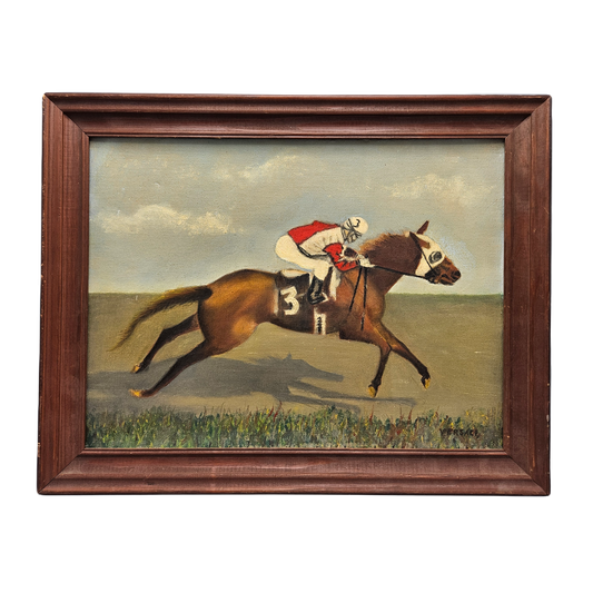 Vintage Oil on Board Painting of Horse Racing Jockey