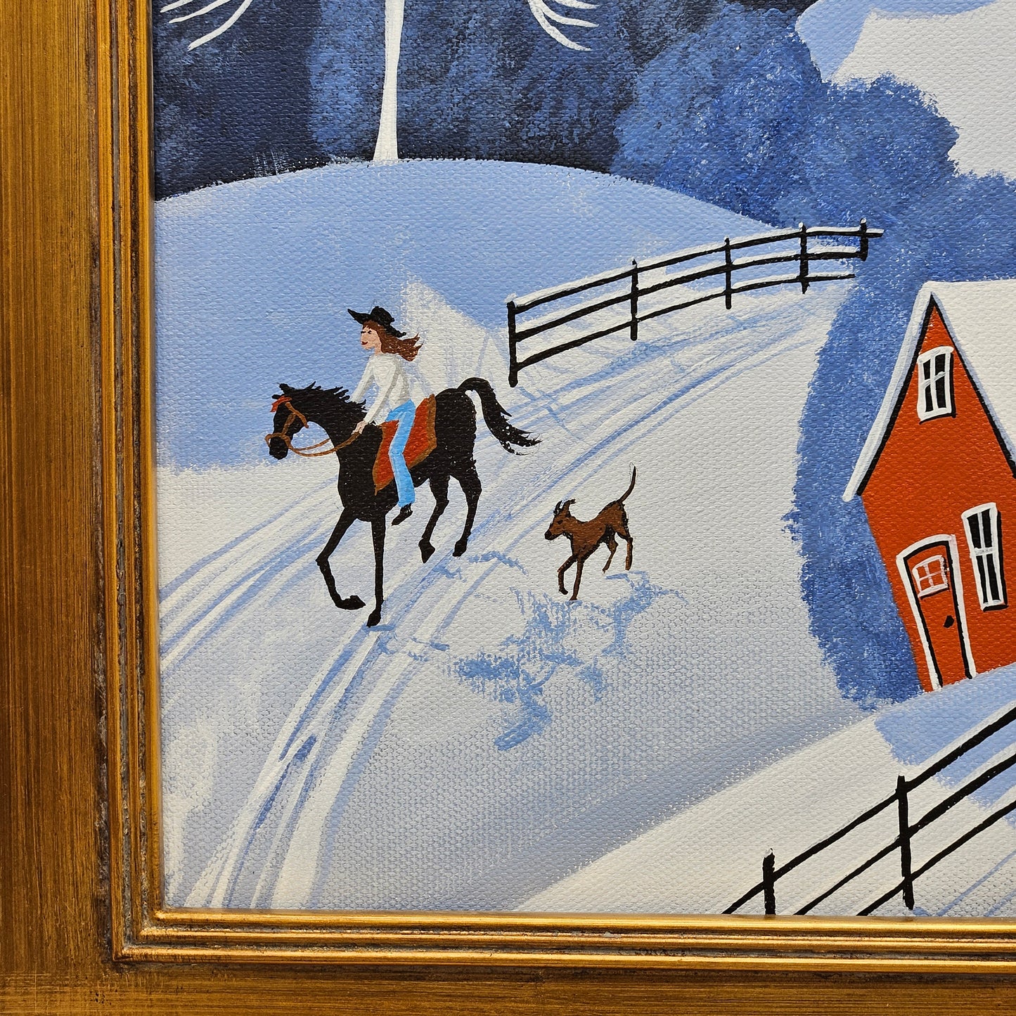 Wonderful Oil on Canvas Painting by Debbie Criswell of a Winter Scene with Horse & Dog