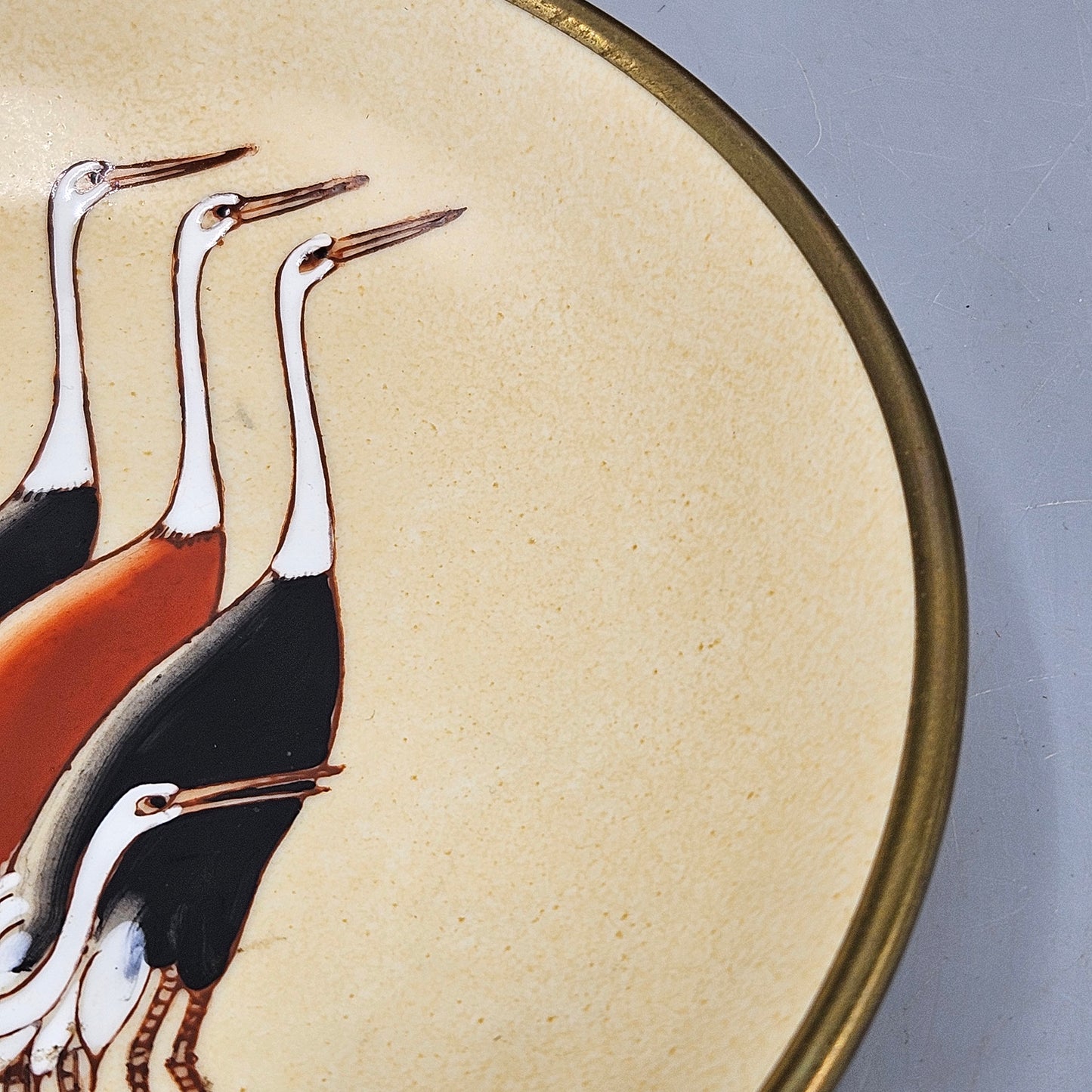 Vintage Ceramic Sakowitz Plate with Cranes Brass Collar