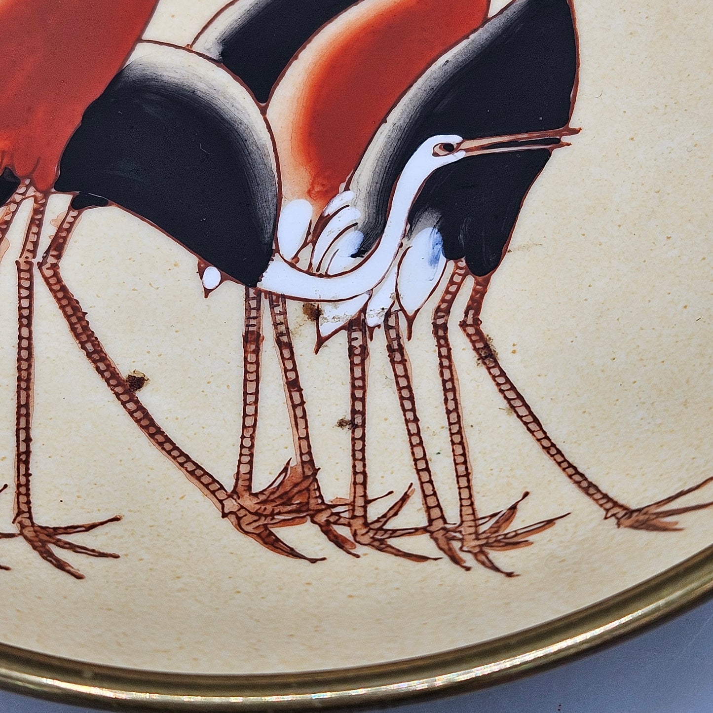 Vintage Ceramic Sakowitz Plate with Cranes Brass Collar