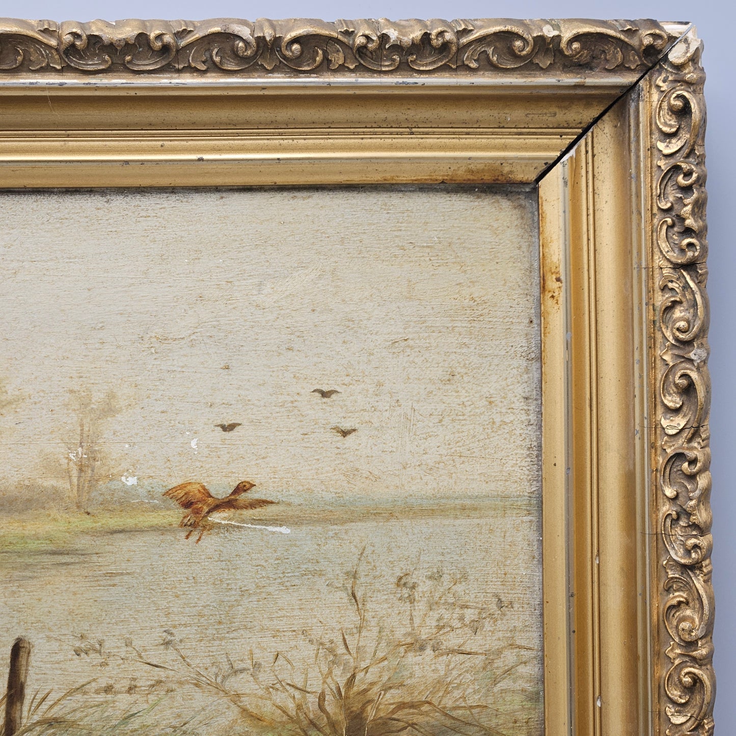 Antique Oil on Board Painting of Hunting Dogs