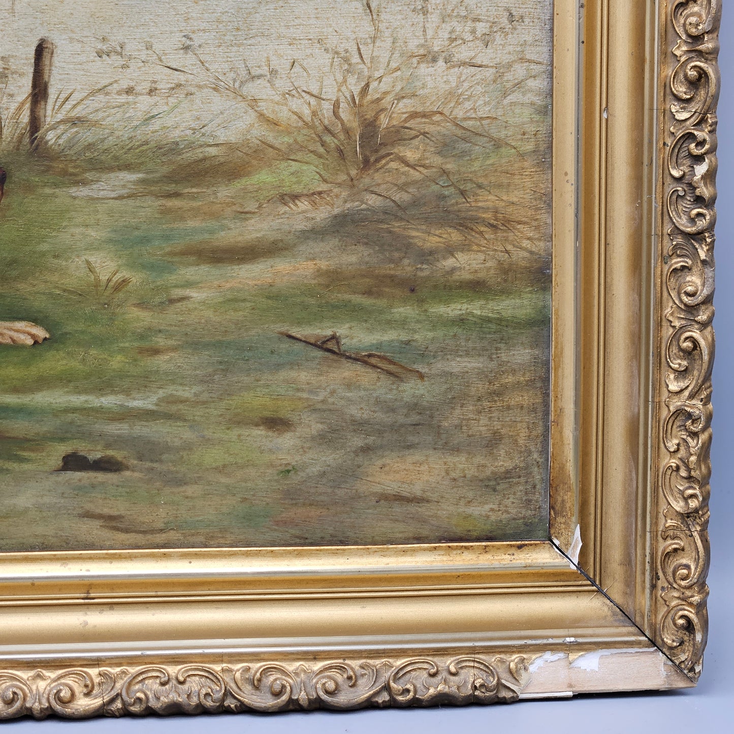 Antique Oil on Board Painting of Hunting Dogs