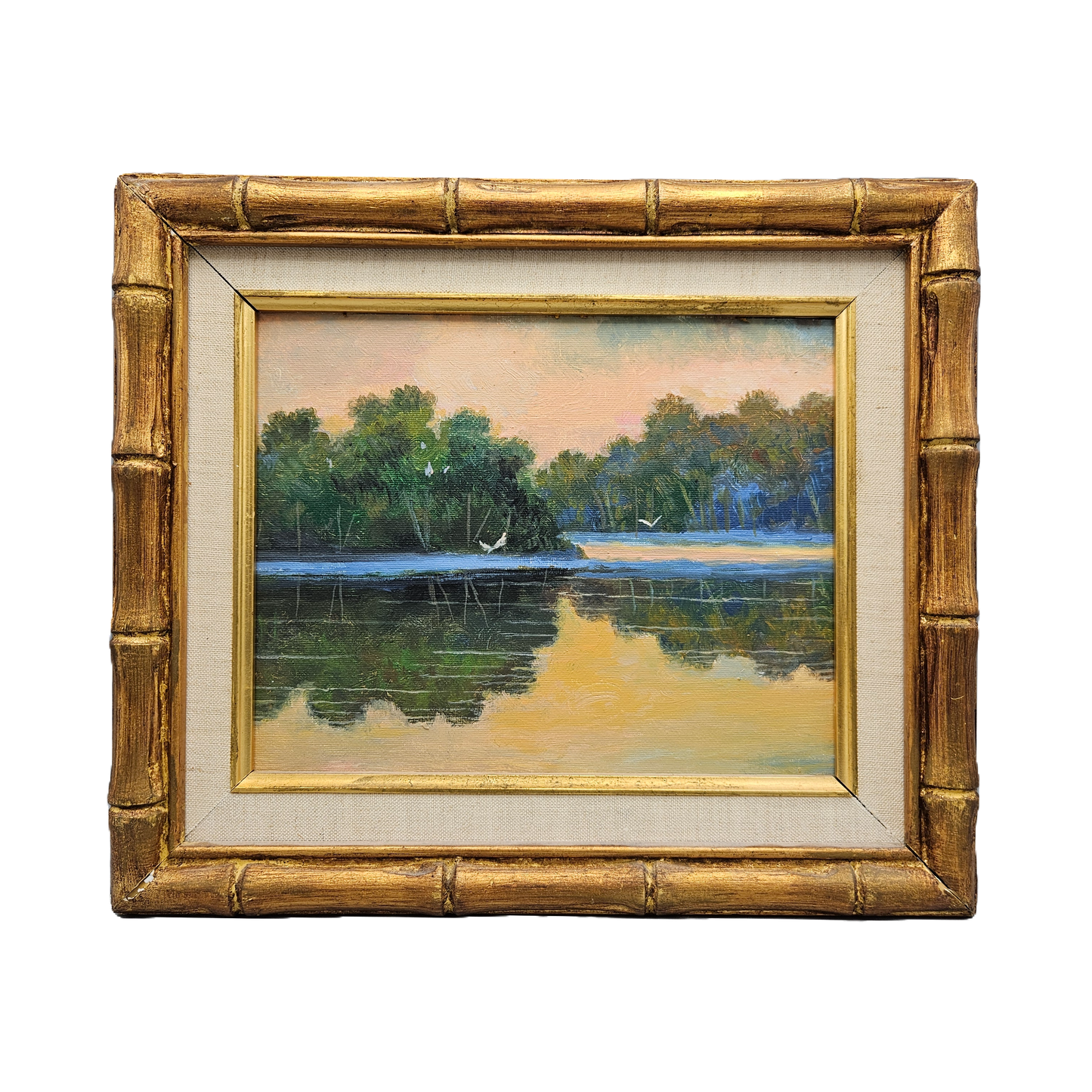 Decorative Landscape Oil Painting on Board with Faux Bamboo Gold Frame