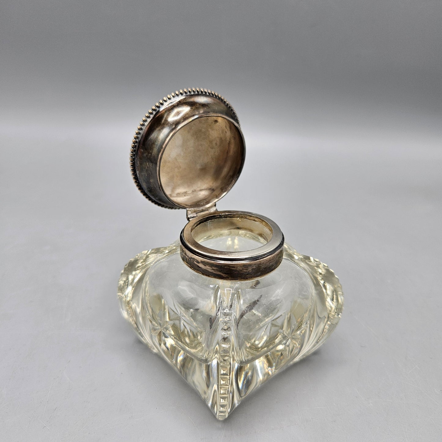 Antique Crystal Square Base Inkwell with Sterling Silver Lid Monogrammed