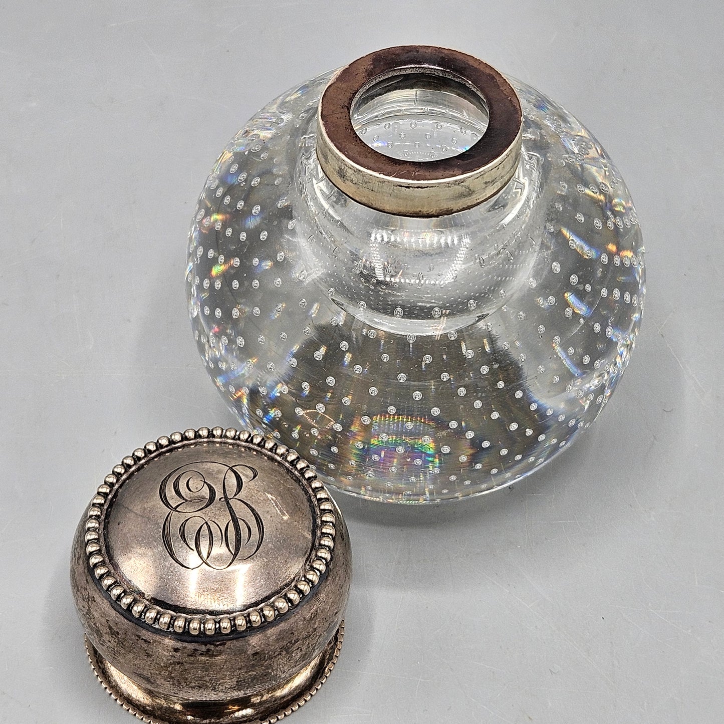 Antique Controlled Bubble Inkwell with Sterling Silver Lid Monogrammed