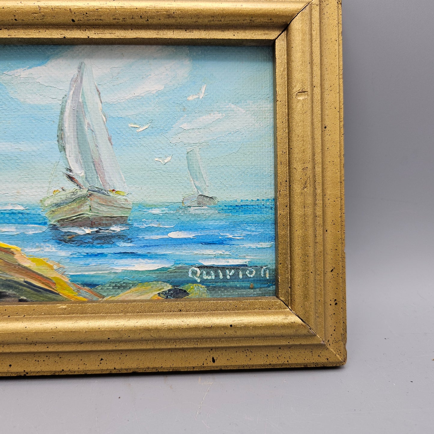 Vintage Miniature Signed Oil Painting on Board of Sailboat
