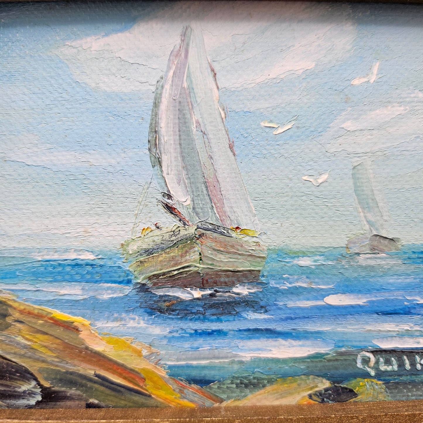 Vintage Miniature Signed Oil Painting on Board of Sailboat