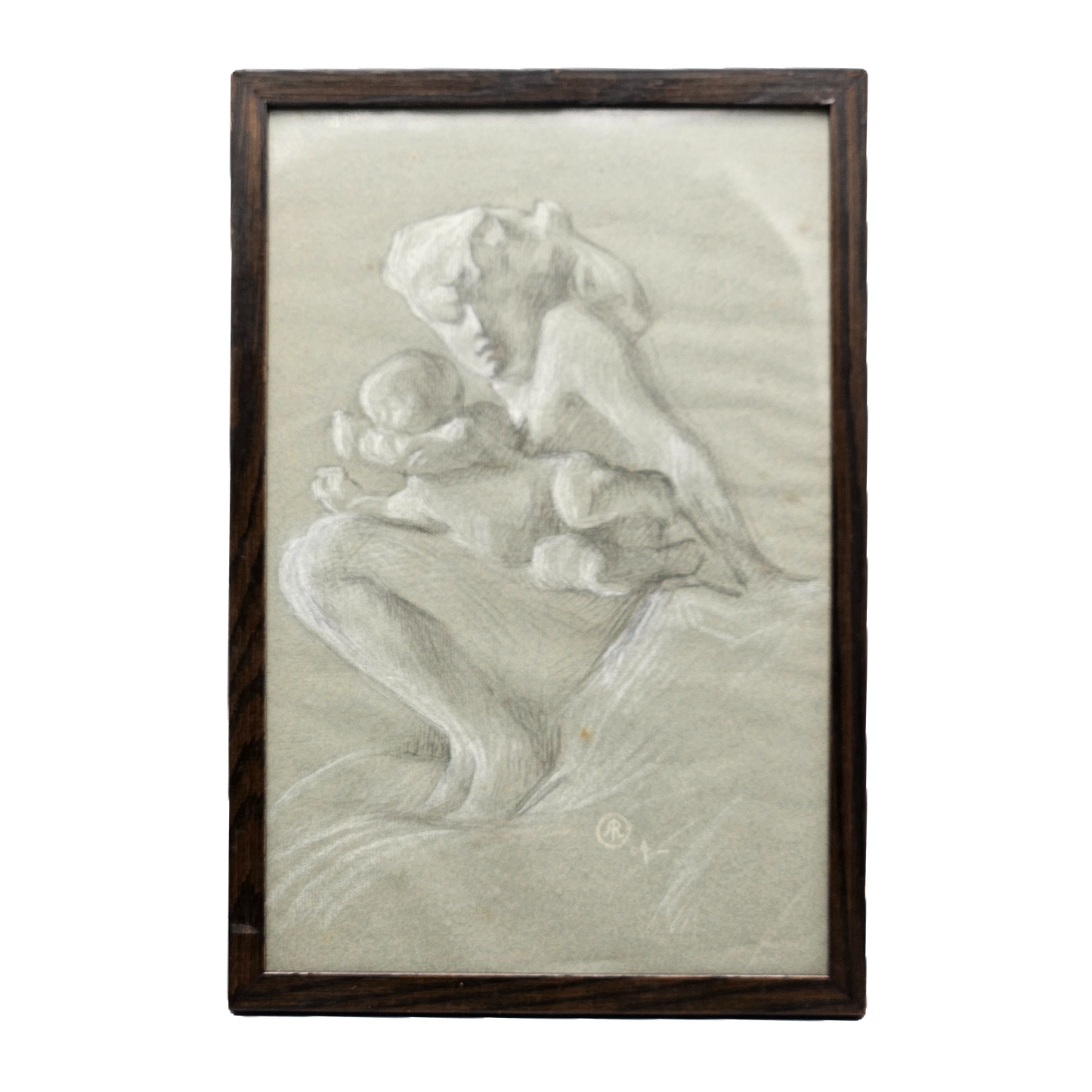 Antique Classical Charcoal Sketch of Woman & Child