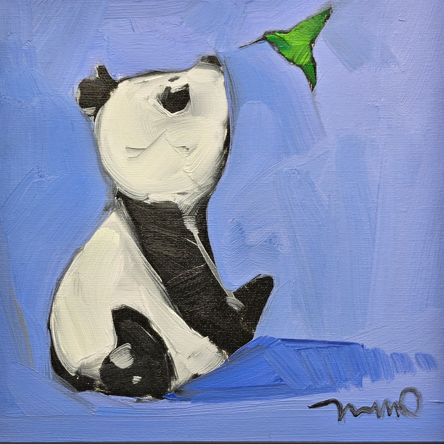 Panda with Hummingbird Jose Trujillo Oil Painting on Canvas in Black Frame