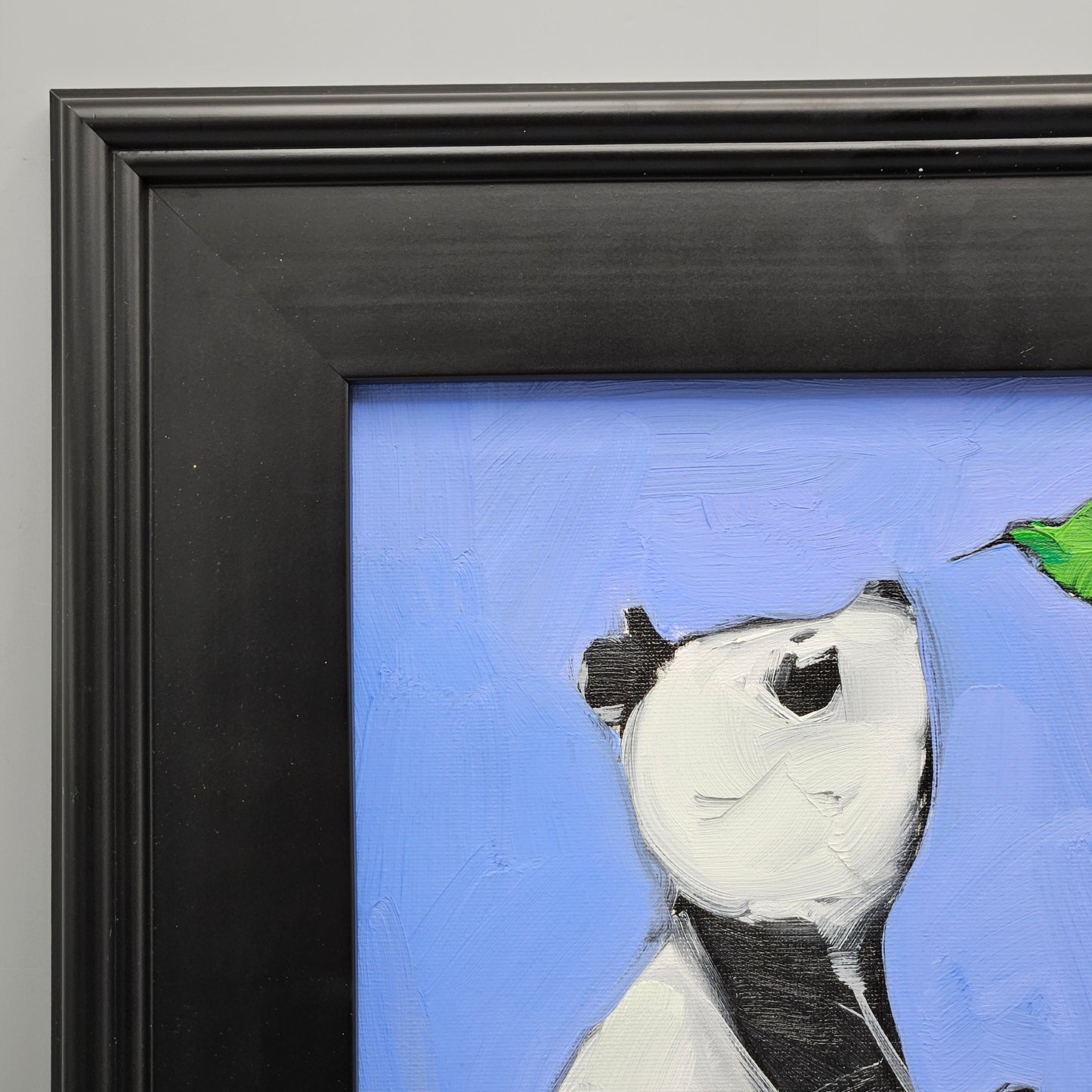 Panda with Hummingbird Jose Trujillo Oil Painting on Canvas in Black Frame