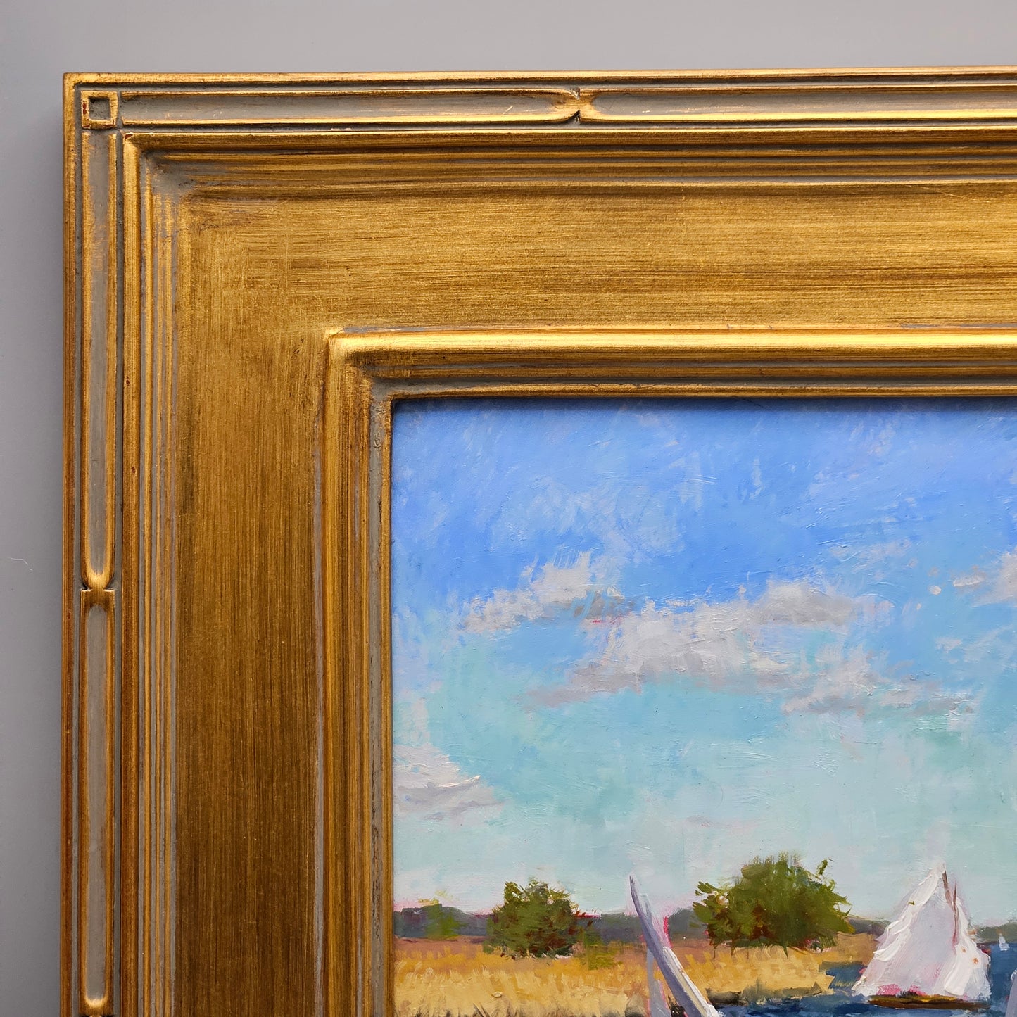 Decorative Oil Painting on Board of Sailboat Scene in Gold Frame