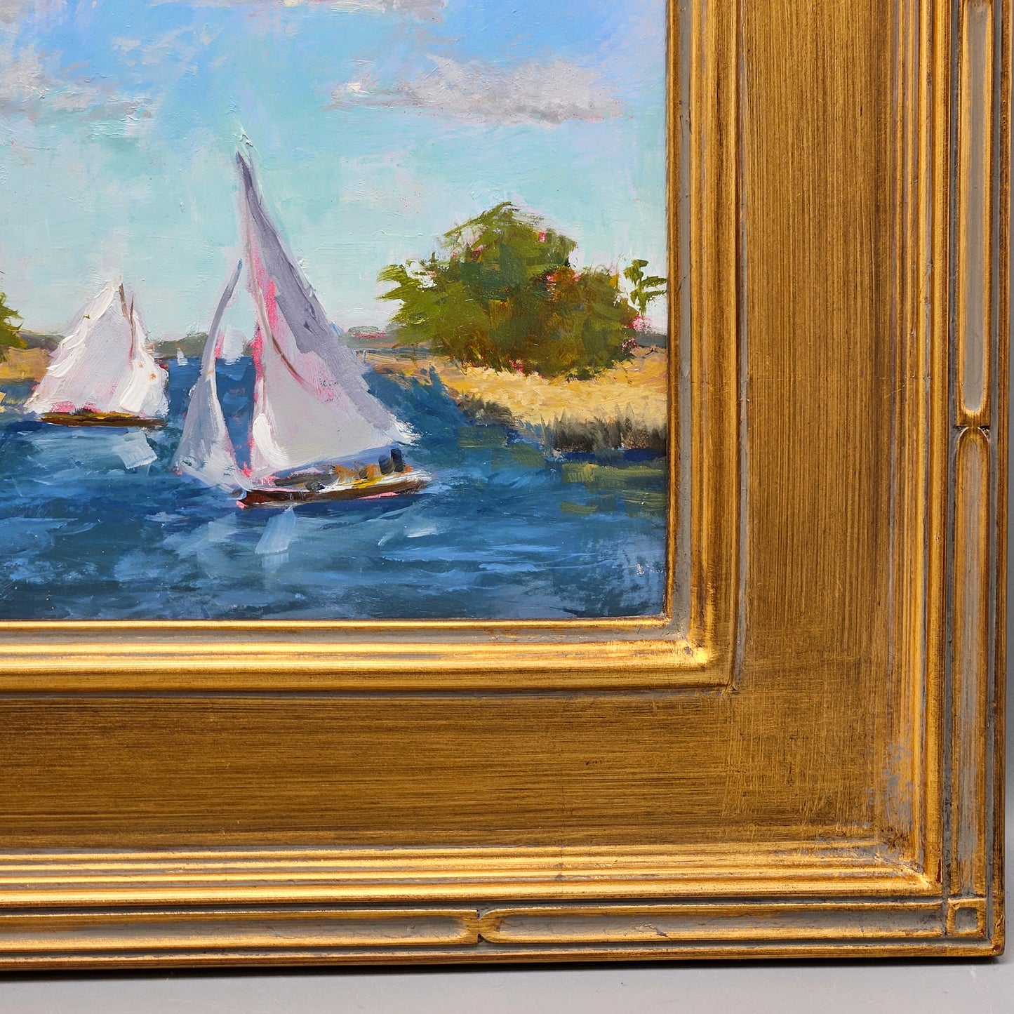 Decorative Oil Painting on Board of Sailboat Scene in Gold Frame