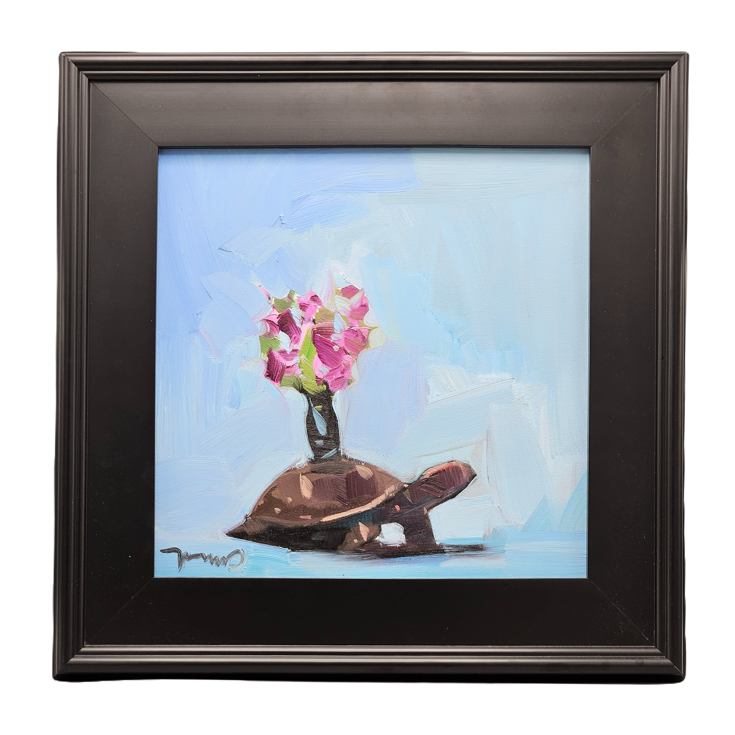Turtle with Flowers by Jose Trujillo Oil Painting on Canvas in Black Frame