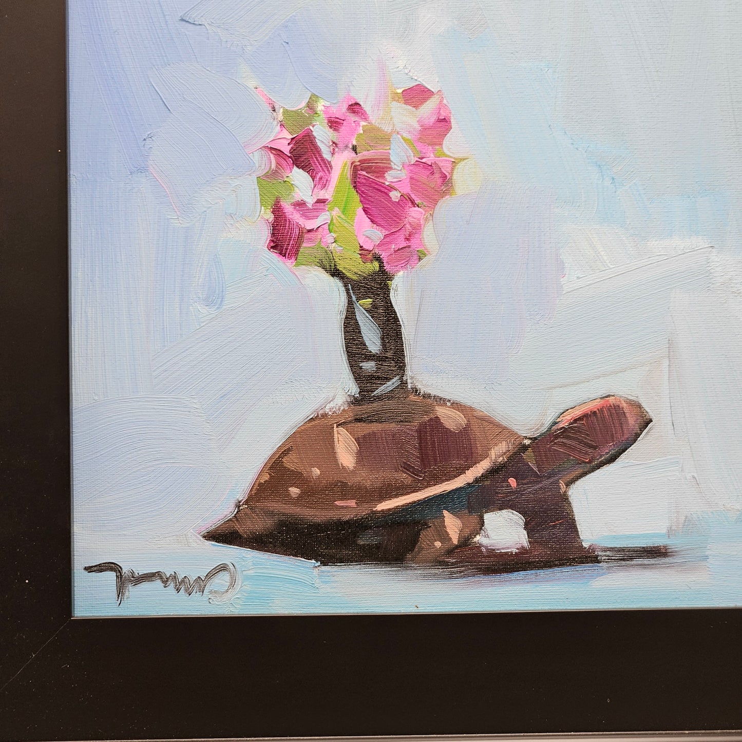Turtle with Flowers by Jose Trujillo Oil Painting on Canvas in Black Frame