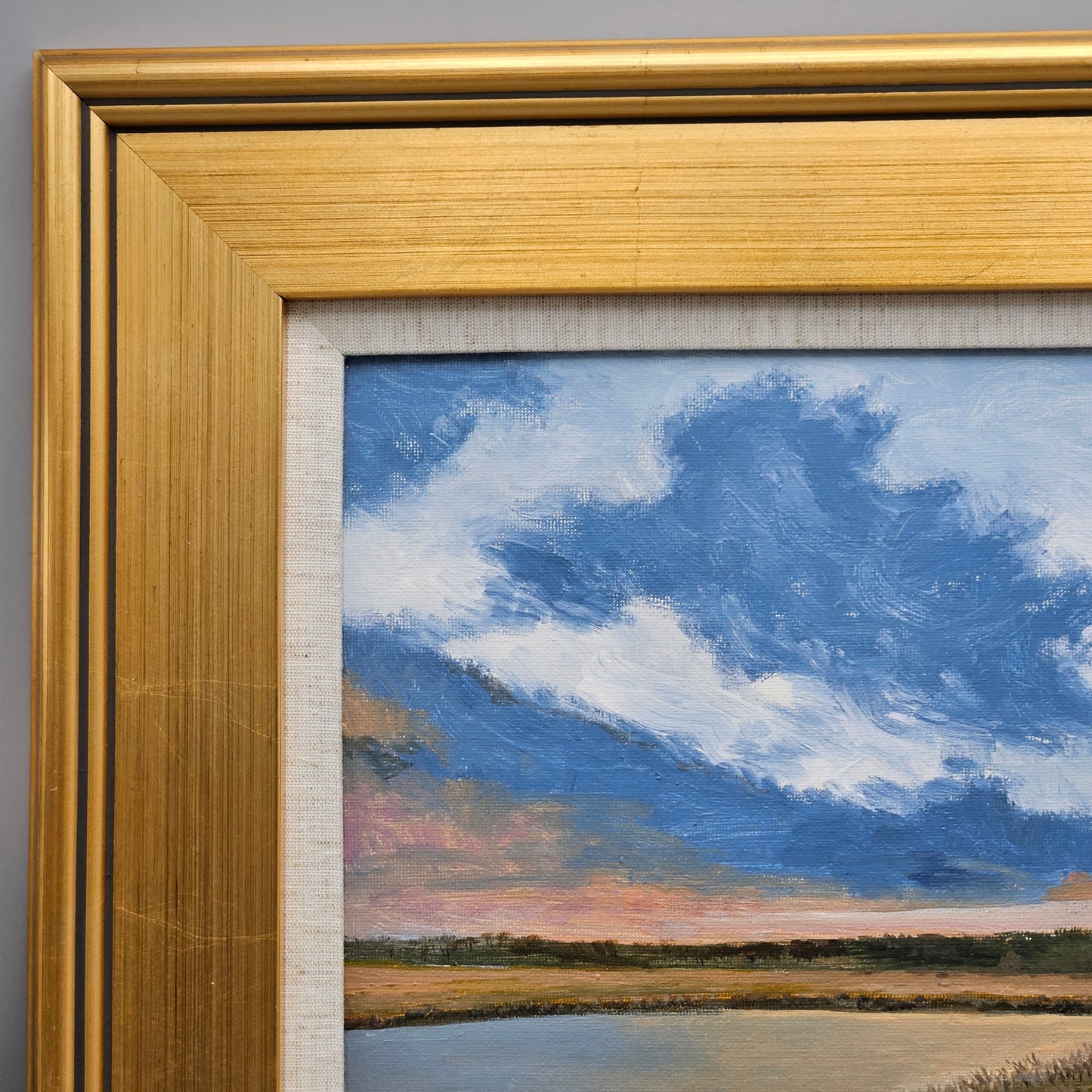 Decorative Oil Painting on Board of Sunset Scene in Gold Frame with Linen