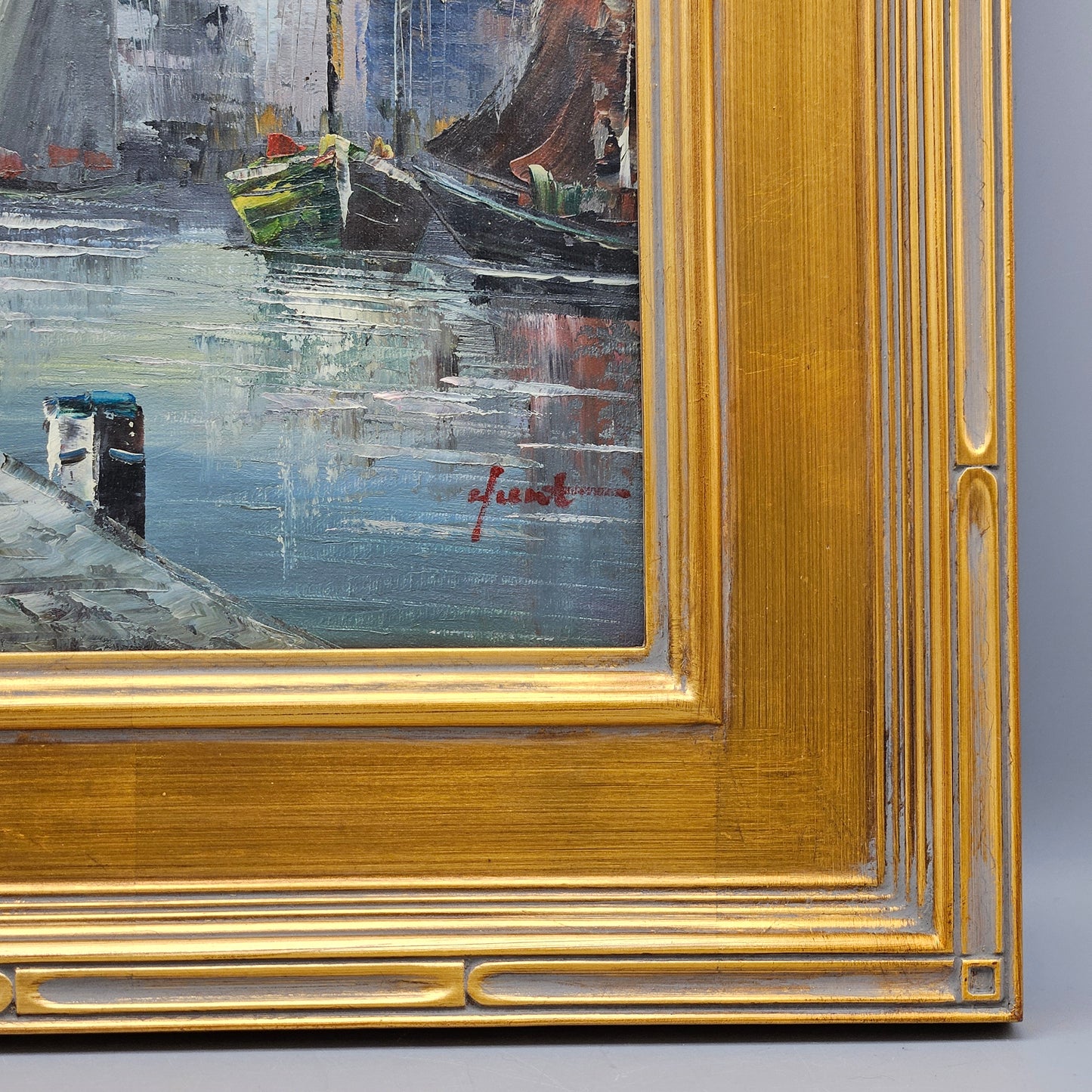 Vintage Impressionist Oil on Canvas Painting of Harbor Scene in Gold Frame