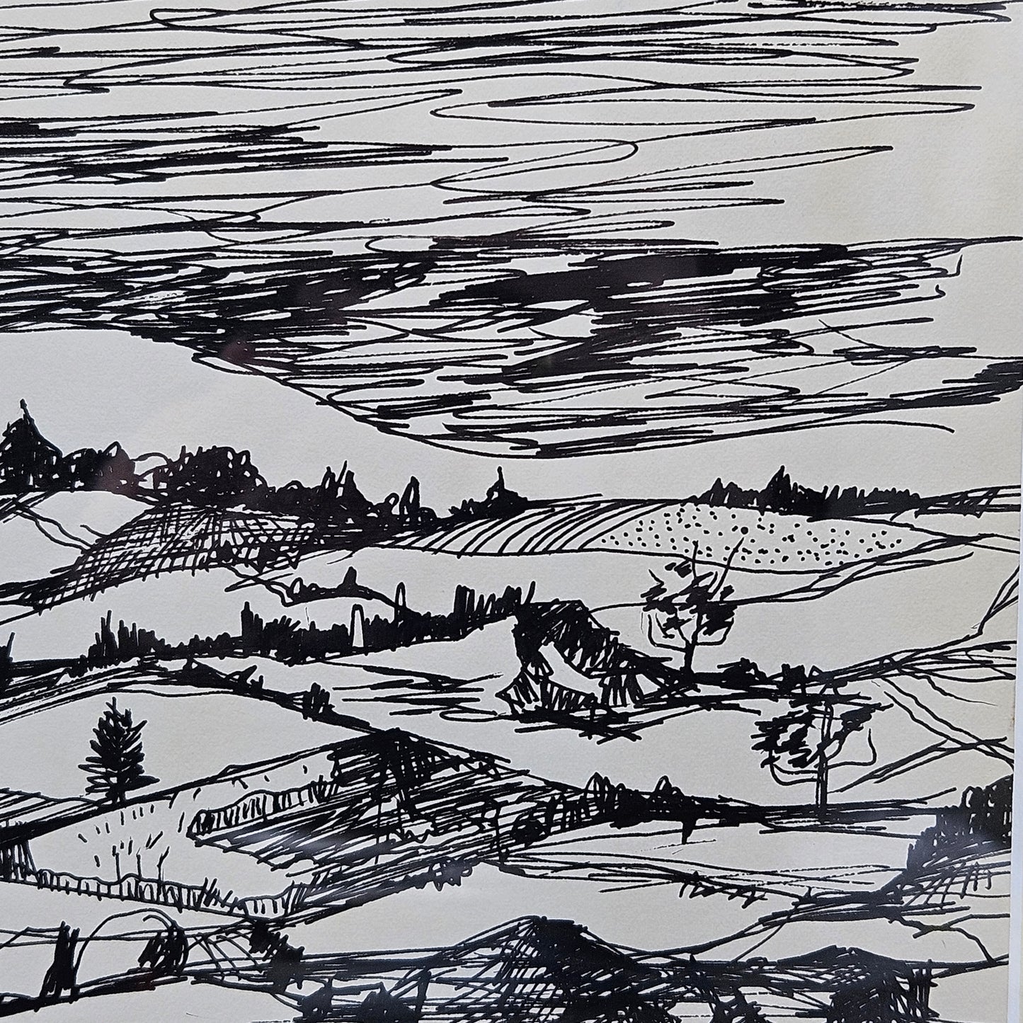 Vintage Signed Pen & Ink Painting on Paper of Mountain Scene