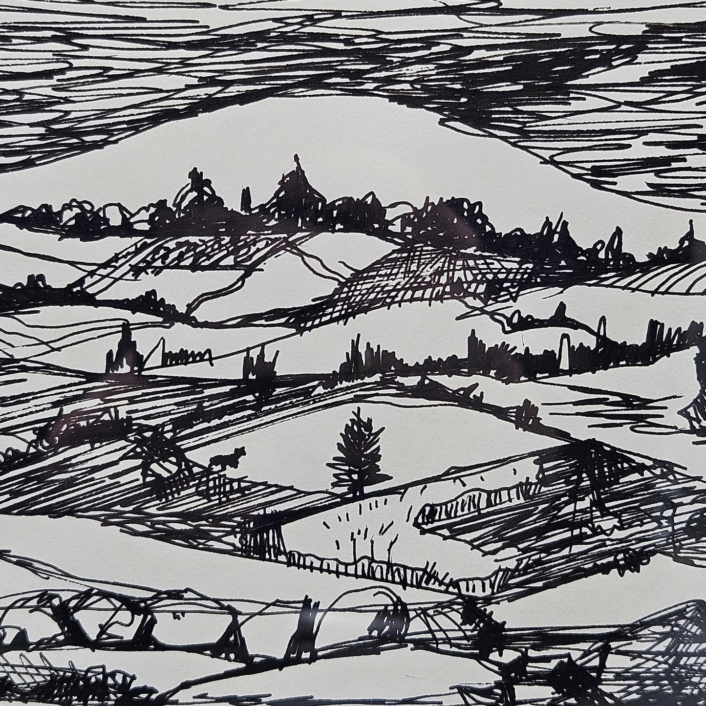 Vintage Signed Pen & Ink Painting on Paper of Mountain Scene