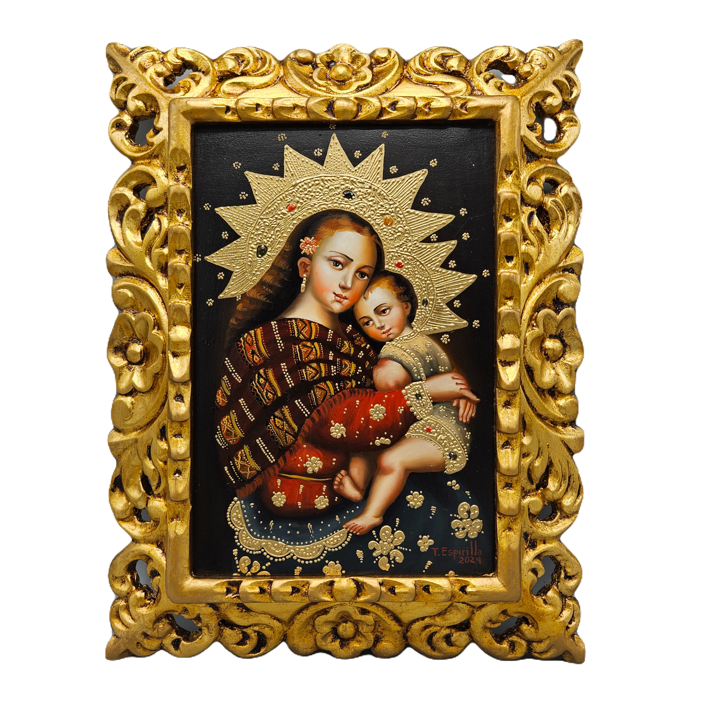 Handcarved Gilt Wood Framed Painting on Canvas of Madonna & Child Religious Icon