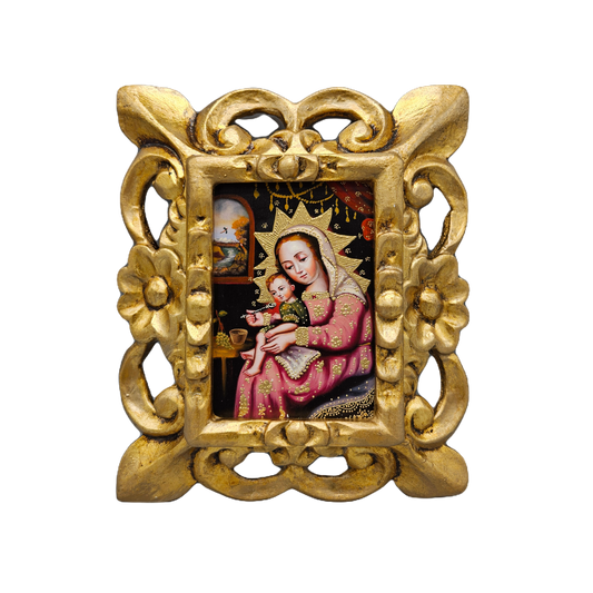 Handcarved Gilt Wood Framed Painting on Board of Madonna of The Spoon Religious Icon