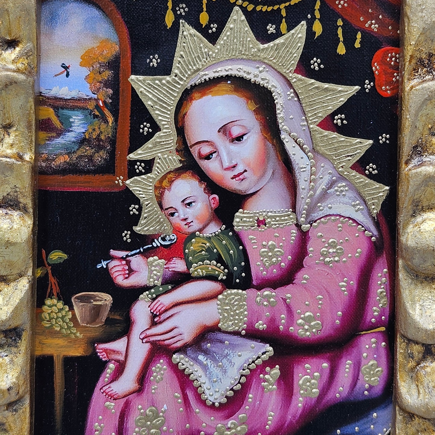 Handcarved Gilt Wood Framed Painting on Board of Madonna of The Spoon Religious Icon