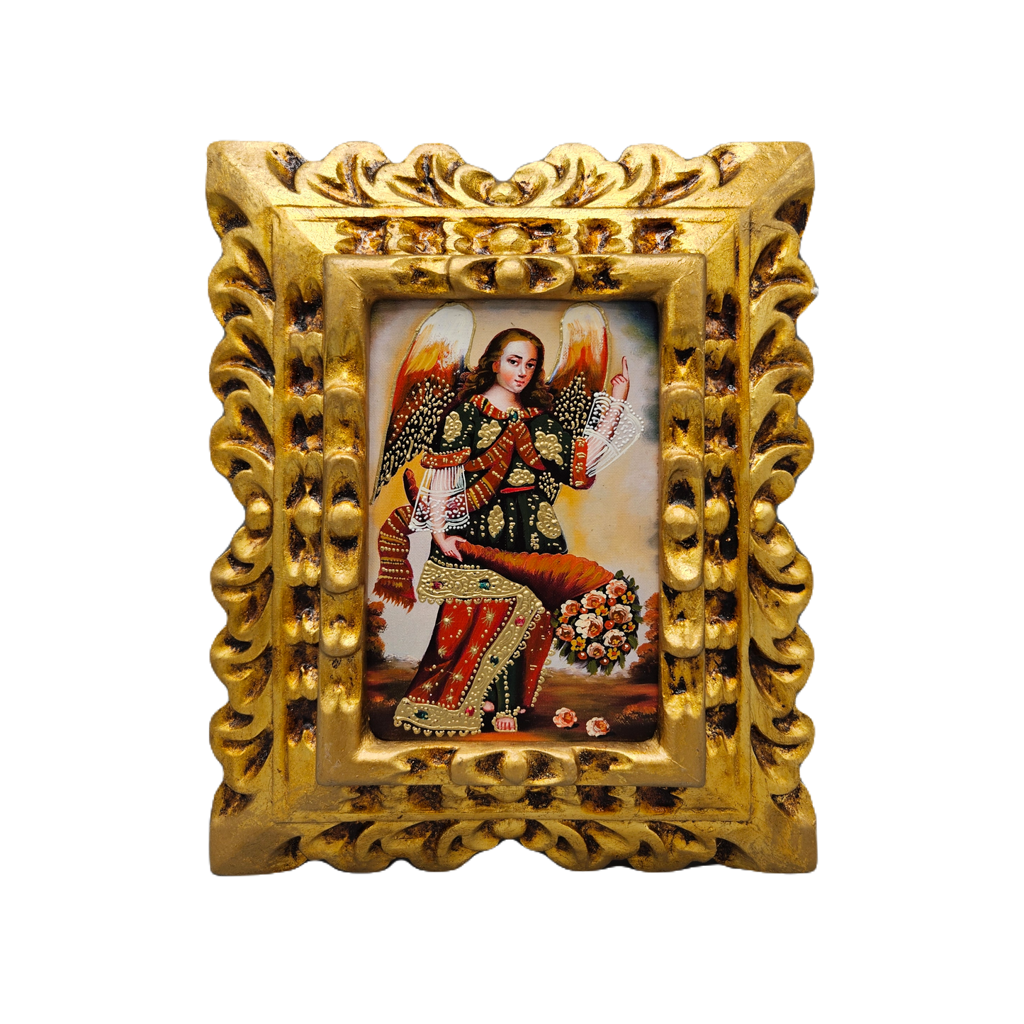 Handcarved Gilt Wood Framed Painting on Board of St. Raphael Archangel Religious Icon
