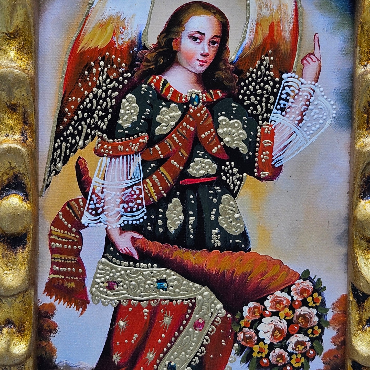 Handcarved Gilt Wood Framed Painting on Board of St. Raphael Archangel Religious Icon