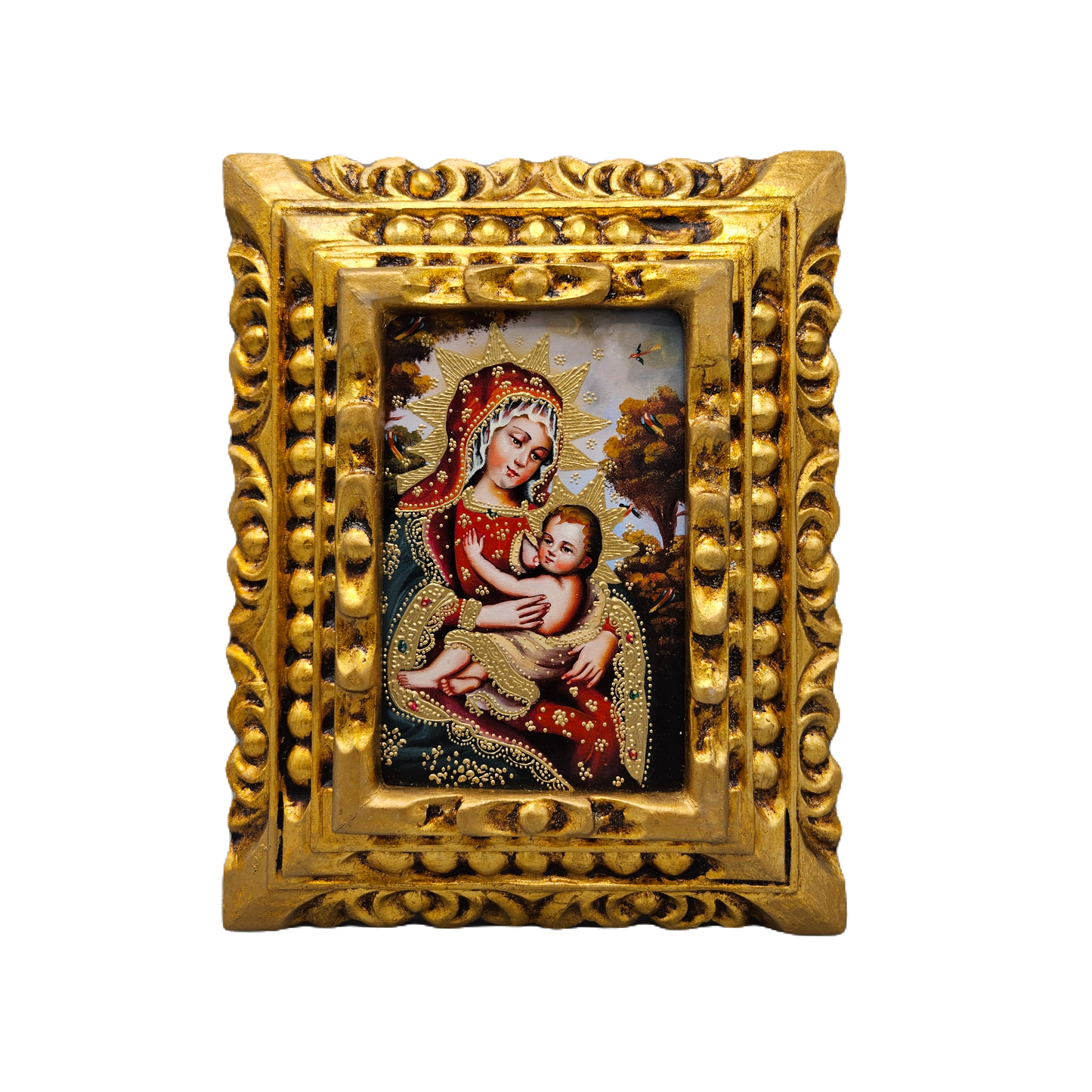 Handcarved Gilt Wood Framed Painting on Board of Madonna of The Milk Religious Icon