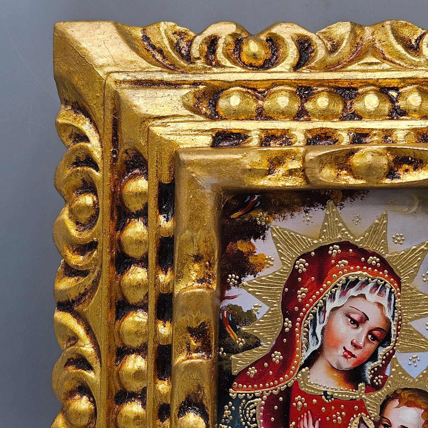Handcarved Gilt Wood Framed Painting on Board of Madonna of The Milk Religious Icon